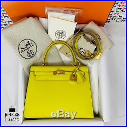 2019 New Hermes Kelly 25 Lime Yellow Sellier Epsom Gold Ghw Bag Birkin D Stamp
