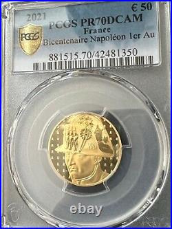 2021 France 50 Euros Napoleon I Bicentennial 1/4 oz Gold Coin PR70DCAM B+C OA