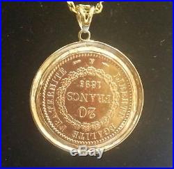 20 Franc 22K Gold Lucky Angel Coin Mounted Within 14K Solid Bezel Pendant