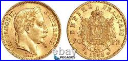 A7/212, France, Napoleon III, 20 Francs 1865 A, Paris Mint, Gold (6.45g) EF-UNC