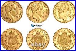 A7/220, France, Napoleon III, Group lot of 3x 20 Francs 2x 1865 A & 1868 A Gold