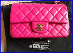 ADORABLE CHANEL FUCHSIA PINK LAMBSKIN MINI RECT CLASSIC FLAP BAG with Gold HW