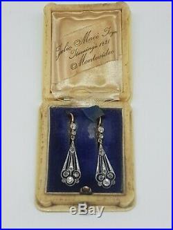 ART DECO PAIR OF EARRINGS Ca 1920 ANTIQUE 18K GOLD & DIAMONDS with BOX FRENCH MADE