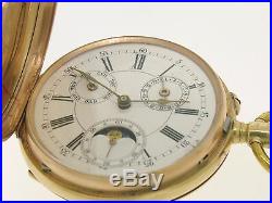Antique 14k Solid Gold Day Date Moon Phase French Qualite Lepine Pocket Watch