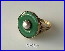 Antique 14k Solid Gold Jade Pearl Ring Paris, France c1940s
