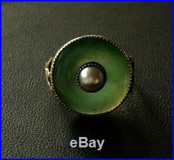 Antique 14k Solid Gold Jade Pearl Ring Paris, France c1940s