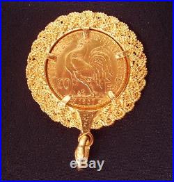 Antique 18K Gold Rooster French 20 Franc 1907 Coin Medallion Pendant Necklace