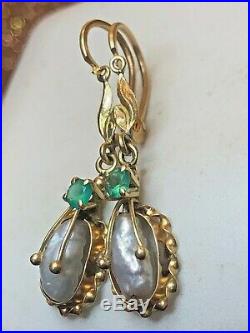 Antique 18k Gold Silver Gray Baroque Pearl Earrings & Emerald Edwardian Wedding