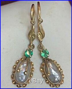 Antique 18k Gold Silver Gray Baroque Pearl Earrings & Emerald Edwardian Wedding