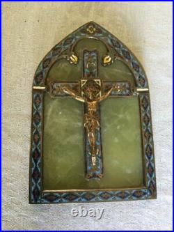 Antique Crucify In Cloisonne Bronze And Onyx Cross Limoges Jesus Gilded Rare19th