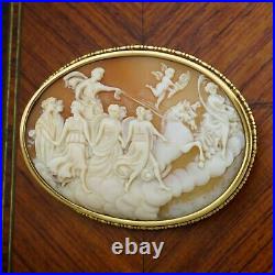Antique French 18K Gold Carved Shell Cameo Brooch Pin, Apollo & Aurora