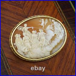 Antique French 18K Gold Carved Shell Cameo Brooch Pin, Apollo & Aurora