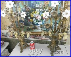Antique French Church Altar candelabra Pair Gilt Brass with Porcelain Flowers