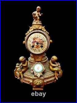 Antique French Clock Ormolu Bronze Style Victorian Sevres Mantel Clock 19th C