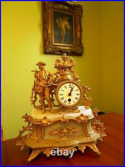 Antique French Figural Gilt Bronze Hunter Ornate Marble Mantal Clock