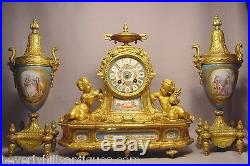 Antique French Gilt Bronze Porcelain 3 Piece Clock Roy & Fill, Urns P. H. Mourey