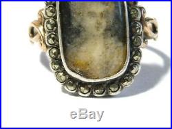 Antique Georgian French Silver Gold Ring Portrait Miniature & Marcasite Mourning
