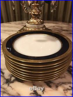 Antique Limoges T & V France Set Of 7 Dinner Plates Cobalt Blue Heavy Gold