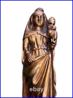 Antique Madonna And Child Statue In Golden Wood Virgin Folk Art France Rare 20th