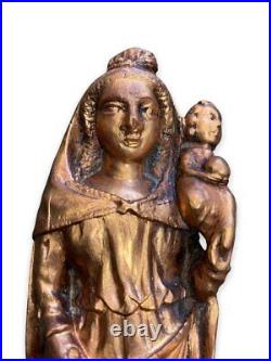Antique Madonna And Child Statue In Golden Wood Virgin Folk Art France Rare 20th