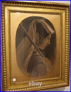 Antique Pastel Woman Face French Parasol Gold Leaf Signed Framed Paint Old 19th
