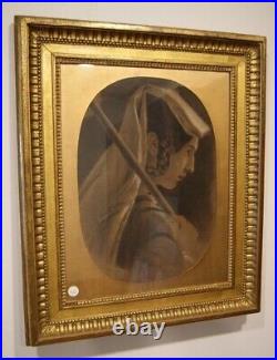 Antique Pastel Woman Face French Parasol Gold Leaf Signed Framed Paint Old 19th