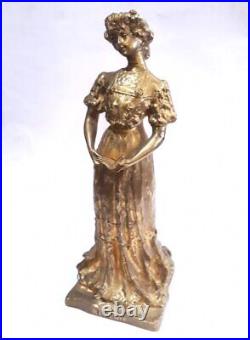 Antique Ruffony Reverie Sculpture Gilded Bronze Nouveau Statue Woman Book 20th