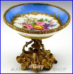 Antique Sevres France PORCELAIN & ORMOLU FOOTED COMPOTE HANDPAINTED FLOWERS GOLD
