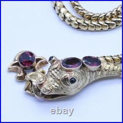 Antique Victorian Snake Necklace 14k Gold Garnets w Garnet Pendant Drop (6872)