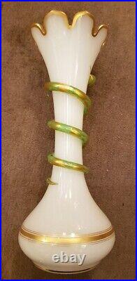 Antique White Opaline Vase Gold Snake Accents Coils Decor Rare Old Neck 19th