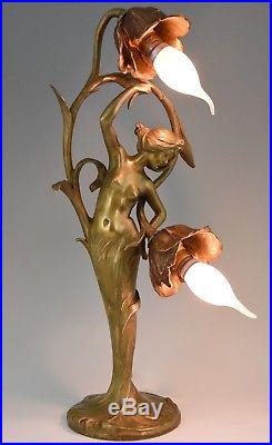 Art Nouveau bronze lamp nude lady & flowers Louis & François Moreau France 1900