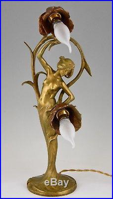 Art Nouveau bronze lamp nude lady & flowers Louis & François Moreau France 1900