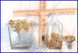 Arthur Court France Gold Grapevine Glass Decanter w Stopper & Ice Bucket Set