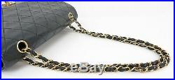 Auth CHANEL Double Flap Black Quilted Leather Gold Chain Shoulder Bag #32472