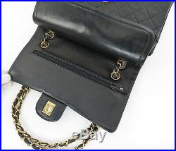 Auth CHANEL Double Flap Black Quilted Leather Gold Chain Shoulder Bag #32472