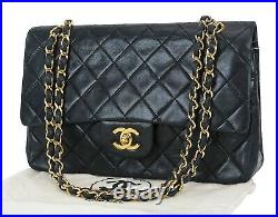 Auth CHANEL Double Flap Black Quilted Leather Gold Chain Shoulder Bag #37866
