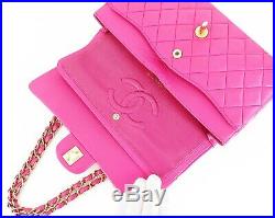Auth CHANEL Double Flap Pink Quilted Leather Gold Chain Shoulder Bag #32981