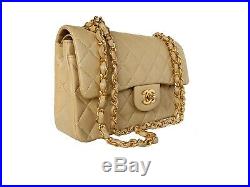 Auth Chanel Beige 2.55 Vintage Small 9 Classic Double Flap Bag 24k Gold HW
