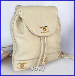 Auth Chanel Beige CAVIAR 3 Logos Backpack Vintage Bag 24k Gold HW Excellent