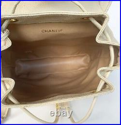 Auth Chanel Beige CAVIAR 3 Logos Backpack Vintage Bag 24k Gold HW Excellent