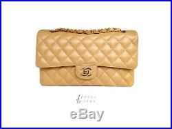 Auth Chanel Beige CAVIAR Medium 10 Classic Double Flap Bag 24k Gold HW MINT