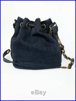 Auth Chanel Blue Vintage Denim Leather Drawstring Bag 24k Gold HW