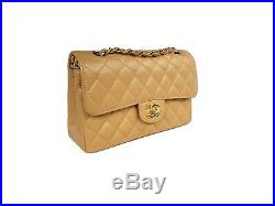 Auth Chanel Caviar Dark Beige Small Classic Double Flap Bag 24k Gold Hardware