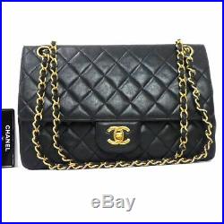 Auth Chanel Ghw Double Flap Lamb Leather Chain Shoulder Bag W25 Black D1345