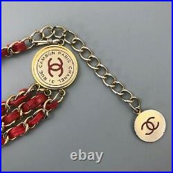 Auth Chanel Ladies Vintage CC LOGO Red Lambskin Leather Gold Chain Triple Belt