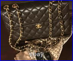 Auth. Chanel Quilted Classic Caviar 12 Jumbo Single Flap Bag 24kt Gold Hardware