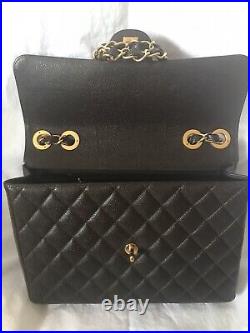 Auth. Chanel Quilted Classic Caviar 12 Jumbo Single Flap Bag 24kt Gold Hardware