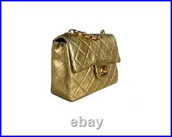 Auth Chanel Vintage Gold Metallic Classic Mini Square Flap Bag 24k Gold Hardware