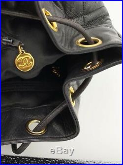 Auth Chanel Vintage tassel Quilted Black Backpack Drawstring bag 24k Gold HW