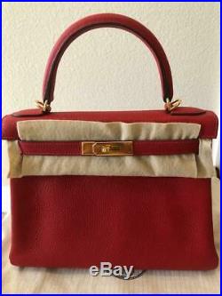 Auth Hermes Kelly Rouge Casaque 28cm Clemence Retourne Gold Hw Bag